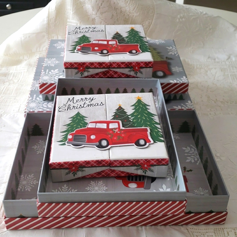 Nesting boxes red truck Christmas decor. (2 sets)